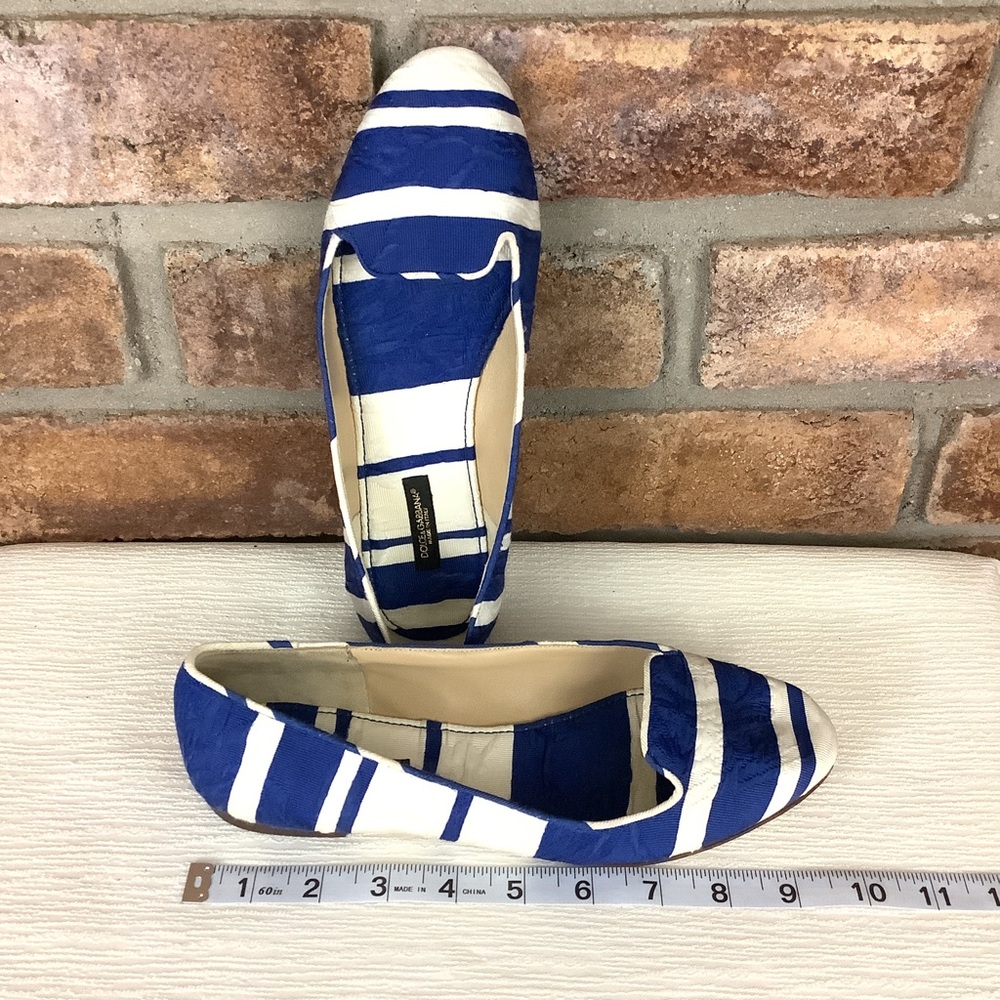 DOLCE & GABBANA Blue/White Stripe Brocade Slip-On Flats - Picture 12 of 16